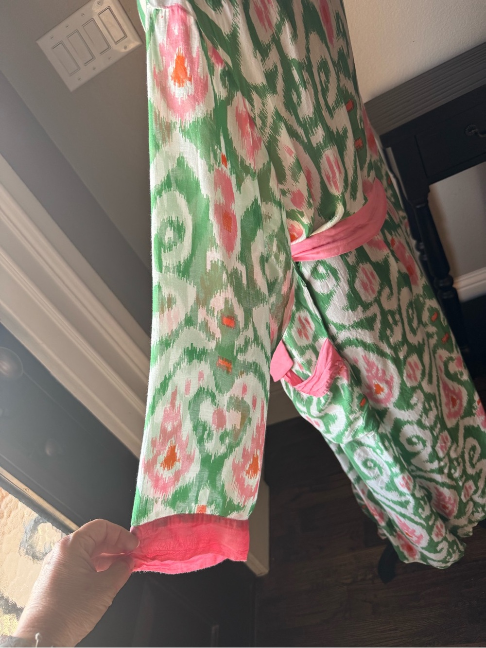 One Hundred Stars Ikat Robe Kimono Duster Pink Green Belted Modal Viscose OS - Picture 4 of 13